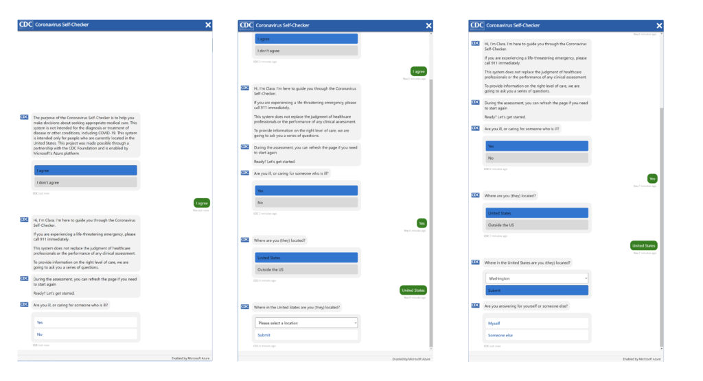 COVID-19 assessment bot screenshots